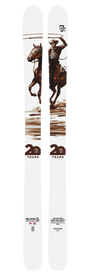 A pair of Icelantic 20 Yr 24/25 Nomad 106 skis in white, showcasing an illustration of a cowboy on horseback with a lasso. The phrases "20 YEARS" and "Limited Edition" are displayed near the bottom, highlighting the exclusivity of this all-mountain ski.