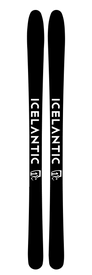 A pair of black, handmade Icelantic 25/26 Pioneer 86 skis featuring the word "ICELANTIC" printed in white vertically on each ski, with a white logo below—ideal for frontside skiers who want precision and style on groomed runs.