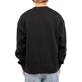 A person wearing the Icelantic Skis Cactus Crew—a loose unisex crewneck sweatshirt made from recycled polyester fleece for comfort and sustainability—and light blue jeans stands with their back to the camera against a white background.