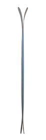 A profile view of the Icelantic 25/26 Pioneer 86 skis placed together, highlighting their rocker profile. The tips are curved outward while the tails feature a subtle curve, showcasing a design that enhances float and maneuverability in soft snow. Isolated on white.