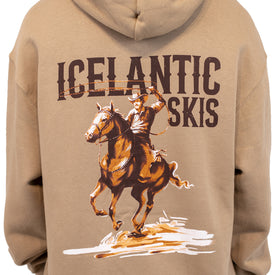 Introducing the Cowboy Up Hoodie from Icelantic Skis—a tan unisex hoodie crafted from recycled polyester for comfort and sustainability. It features a bold graphic of a cowboy riding a horse beneath the prominent ICELANTIC SKIS text.