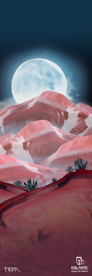 A luminous full moon ascends above pink-toned rocky hills scattered with sparse desert flora beneath a deep blue sky. The 24/25 Maiden 108 Fine Art Print by Icelantic Skis is available as a premium fine art print or a striking giclee print on wrapped canvas, beautifully capturing the tranquil allure of the desert night. The FAHR and Icelantic Future is Magic logos are featured at the bottom.