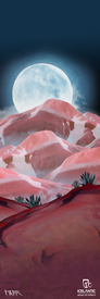 A luminous full moon ascends above pink-toned rocky hills scattered with sparse desert flora beneath a deep blue sky. The 24/25 Maiden 108 Fine Art Print by Icelantic Skis is available as a premium fine art print or a striking giclee print on wrapped canvas, beautifully capturing the tranquil allure of the desert night. The FAHR and Icelantic Future is Magic logos are featured at the bottom.