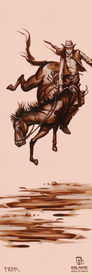 Sepia-toned illustration of a cowboy riding a bucking horse, holding a hat in one hand above rocky ground. The artwork features flowing motion and is labeled “Icelantic Skis” and “24/25 Maiden 94” at the bottom. Available as fine art prints or stretched canvas, this giclee print adds a touch of Western adventure to any space.