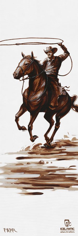A cowboy on a rearing horse swings a lasso above his head in this sepia-toned image set against a white background. The cowboy, dressed in a hat and boots, is rendered with striking detail. Featuring the Icelantic Skis logo at the bottom, the 24/25 Nomad 100 Fine Art Print is perfect for those who appreciate distinctive artwork.