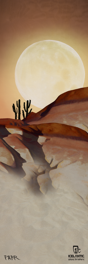 Experience the captivating beauty of a desert landscape with the 24/25 Nomad 112 Fine Art Print by Icelantic Skis. Featuring reddish sand dunes, two tall cacti, and a luminous moon glowing in the expansive sky, this artwork highlights sandy textures in warm browns and soft yellows. Available as an exquisite fine art print, it captures every subtle detail for an elegant addition to any space.