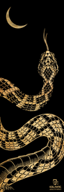 A stylized gold snake with intricate scales appears on a black background, its head raised and tongue out beneath a crescent moon. The Icelantic Skis logo and "Return to Nature" are displayed in the bottom right corner. This artwork is available as the 24/25 Nomad 94 Fine Art Print by Icelantic Skis, offered as fine art or giclee prints for an exquisite, gallery-worthy finish.