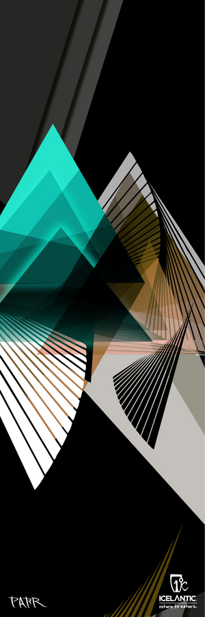 Introducing the 25/26 Pioneer 109 Fine Art Print by Icelantic Skis—an abstract digital artwork showcasing overlapping geometric shapes in teal, brown, white, and black, highlighted by sharp lines, gradients, and angles. Available as a fine art print or giclee canvas art. The piece features the Icelantic Skis logo at the bottom right corner and the artist's signature at the bottom left.