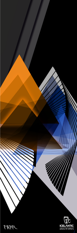 Experience abstract geometric artwork featuring overlapping orange, blue, and white shapes with black lines on a black background. The 25/26 Pioneer 86 Fine Art Print by Icelantic Skis is available as a fine art print or as a stunning giclee print on wrapped canvas. Both the FAFR signature and the Icelantic "Return to Nature" logo are displayed at the bottom.