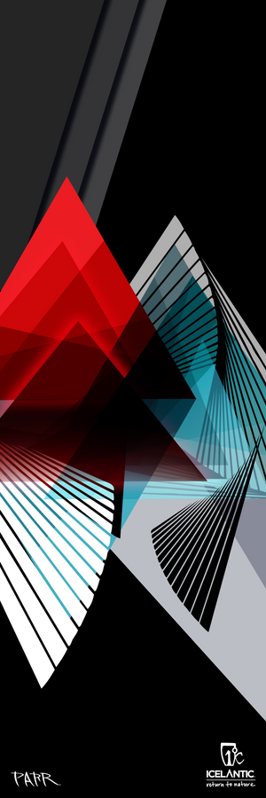Dynamic abstract geometric design with overlapping red, blue, white, and black angular shapes and sharp lines on a black background. Ideal for display as a fine art print or as an eye-catching giclee print on wrapped canvas. The “25/26 Pioneer 96 Fine Art Print” by Icelantic Skis features the "Icelantic" name and artist’s signature at the bottom.