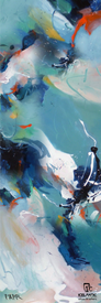 Vibrant abstract painting featuring swirling blue, teal, white, and orange brushstrokes with energetic splashes and drips. Offered as the 24/25 Saba Pro 107 Fine Art Print by Icelantic Skis, this stunning piece is available as a giclee print or wrapped canvas and showcases the FAITH and Icelantic logos in the bottom corners.