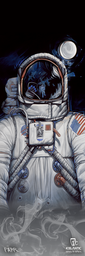 An illustrated astronaut in a white spacesuit stands on the moon, with Earth and another astronaut reflected in the visor. The suit features an American flag patch and visible cables, while smoky designs and logos are displayed at the bottom. This captivating scene is perfectly captured in the 25/26 Shaman 110 Fine Art Print by Icelantic Skis, making it an ideal choice for a fine art or giclee print that showcases every detail with stunning clarity.