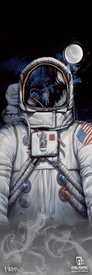An illustrated astronaut in a white spacesuit stands on the moon, with Earth and another astronaut reflected in the visor. The suit features an American flag patch and visible cables, while smoky designs and logos are displayed at the bottom. This captivating scene is perfectly captured in the 25/26 Shaman 110 Fine Art Print by Icelantic Skis, making it an ideal choice for a fine art or giclee print that showcases every detail with stunning clarity.