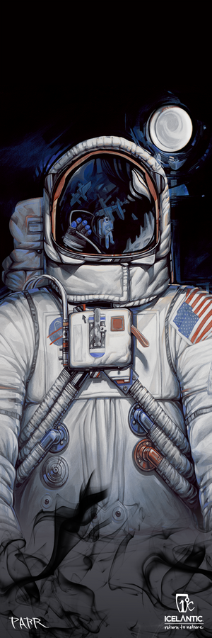 Experience the 25/26 Shaman 99 Fine Art Print by Icelantic Skis—a detailed illustration featuring an astronaut in a white suit with the U.S. flag patch, their helmet visor reflecting both another astronaut and the moon. Smoky, dark shapes rise from below, while distinctive logos and text adorn the bottom. Perfect for fine art prints or as a striking wrapped canvas, this artwork captures space exploration in exceptional detail.