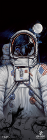 Experience the 25/26 Shaman 99 Fine Art Print by Icelantic Skis—a detailed illustration featuring an astronaut in a white suit with the U.S. flag patch, their helmet visor reflecting both another astronaut and the moon. Smoky, dark shapes rise from below, while distinctive logos and text adorn the bottom. Perfect for fine art prints or as a striking wrapped canvas, this artwork captures space exploration in exceptional detail.