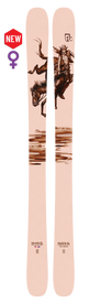 A pair of light pink Icelantic 24/25 Maiden 94 Freeride skis featuring brown artwork of a woman riding a bucking horse. A NEW badge with a female symbol is displayed in the upper left corner, while “Maiden 94” and ski specs at the bottom highlight their Nomad Freeride design.