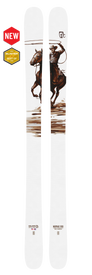 A pair of 24/25 Nomad 100 skis by Icelantic from the Freeride Collection, featuring a white design with an illustration of a cowboy riding a horse and swinging a lasso, adorned with red and yellow NEW and Blister Best Of badges on the left, and crafted using innovative FLY-Cap construction.