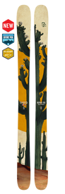 The Icelantic 24/25 Nomad 106 stands out as a top freeride ski for the 24/25 season, showcasing a painted cactus design set against a yellow and tan background. Three award badges on the left—New, Editors Pick, and Blister Best Of—highlight its standout style and award-winning performance.