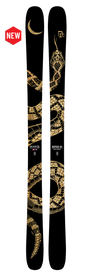 Two black freeride skis from Icelantic, featuring gold artwork of a coiled rattlesnake and a crescent moon. A red "NEW" label appears in the top left corner, while the ski branding—including "24/25 Nomad 94"—is displayed in white lettering on the skis.
