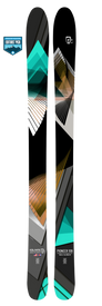 Introducing the Icelantic 25/26 Pioneer 109, a pair of all-mountain skis handmade in Colorado. These skis showcase geometric patterns in teal, white, gold, and black, with "Pioneer 109" displayed near the base. A blue Editors Pick badge is featured in the upper left corner.