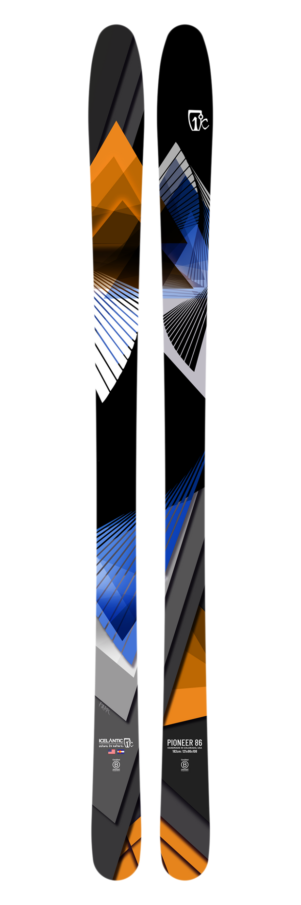 The Icelantic 25/26 Pioneer 86 skis are handmade and showcase a modern geometric design, with bold orange, blue, black, gray, and white shapes and lines set against a white background.