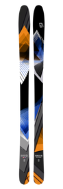 The Icelantic 25/26 Pioneer 86 skis are handmade and showcase a modern geometric design, with bold orange, blue, black, gray, and white shapes and lines set against a white background.