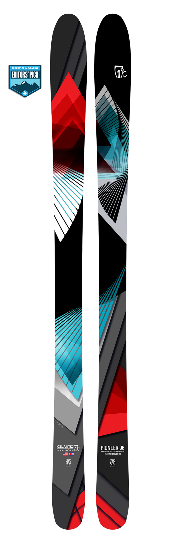 The Icelantic 25/26 Pioneer 96 skis feature bold geometric patterns in red, black, white, and blue. Handmade in Colorado, these versatile all-mountain skis are perfect for those seeking a true one-ski quiver. An Editors Pick badge appears in the top left corner.