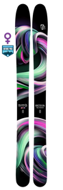 A pair of handmade all-mountain skis from Icelantic, the 25/26 Riveter 104, features swirling green, purple, pink, and white abstract designs. The skis are made in Colorado and are labeled with an “Editors’ Pick” badge and a female symbol.