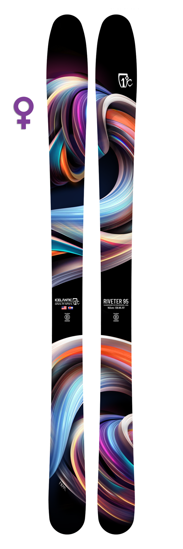 The 25/26 Icelantic Riveter 95 skis feature vibrant, swirling abstract patterns in blue, purple, orange, and pink. A purple female gender symbol appears to the left of the skis against a white background. Handmade in Colorado, these striking all-mountain skis blend eye-catching design with exceptional craftsmanship.