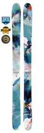Introducing the 24/25 Icelantic Saba Pro 107 skis, featuring a striking blue, teal, and white abstract design that blends style with top-tier performance. Equipped with Reflective Rocker technology for maximum versatility, these skis have earned prestigious accolades—displayed alongside them—such as “Editor’s Pick” and “Best in Test.”.