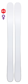 Two white skis, the Icelantic Whiteout Maiden 102, are shown side by side. A red NEW label and a purple female gender symbol appear to the left of the skis, indicating they are a new women's ski from Icelantic's Whiteout Collection.