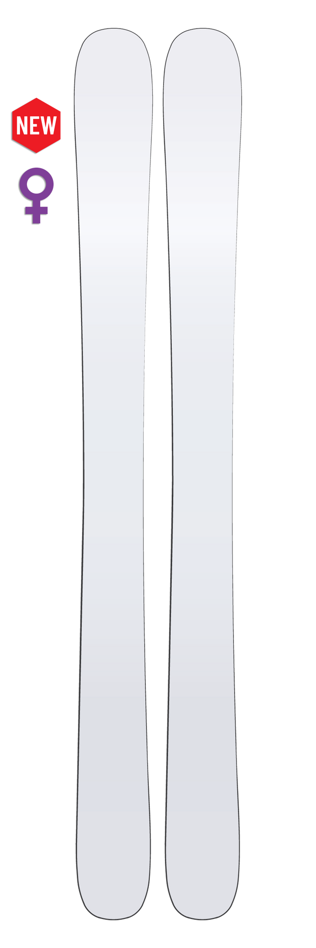 Introducing the Icelantic Whiteout Maiden 108, a pair of white skis from the Whiteout Collection, highlighted with a "NEW" label and a purple female symbol to indicate they are the latest powder ski model designed specifically for women.