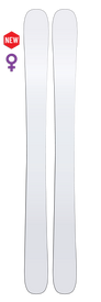 Introducing the Icelantic Whiteout Maiden 108, a pair of white skis from the Whiteout Collection, highlighted with a "NEW" label and a purple female symbol to indicate they are the latest powder ski model designed specifically for women.