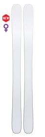 A pair of Whiteout Maiden 94 skis by Icelantic featuring a NEW red badge and a purple female symbol in the top left corner, indicating they are women’s all-mountain skis and a new product for female skiers.