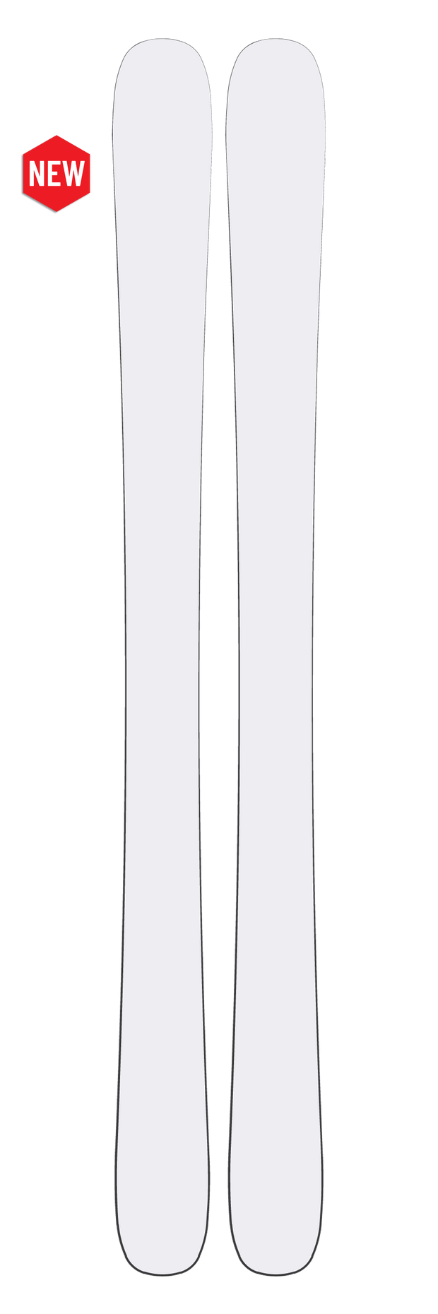 A pair of Icelantic Whiteout Nomad 100 skis from the exclusive Whiteout Collection stand upright side by side on a white background. A red label in the top left corner reads NEW, emphasizing the latest release from Icelantic.