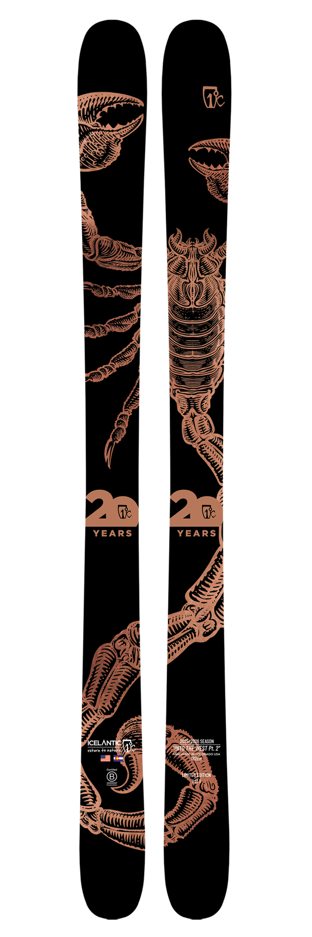 A pair of black all-mountain skis, the Icelantic 20 Yr 25/26 Nomad 106, showcases a striking copper scorpion illustration across both skis. Near the center, the text "20 Years" and "7TM" is displayed, along with additional small text toward the bottom. These Icelantic skis are visually bold and engineered for peak performance.