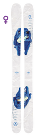 A pair of white Icelantic Skis, specifically the Butter Dog Maiden 102, featuring a blue cartoon dog holding a letter in its mouth, with a purple female gender symbol above.