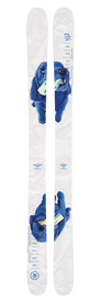 A pair of white all-mountain Butter Dog Maiden 102 skis from Icelantic Skis, featuring illustrations of a blue dog holding a green bill in its mouth, with measurement marks and text details.