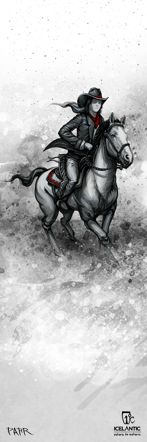 A person in a cowboy hat and scarf rides a galloping white horse against a black and white textured wash background, with “Icelantic Skis” branding and logo featured at the bottom. The dynamic and adventurous artwork from the 25/26 Maiden 108 Fine Art Print makes it an excellent choice for fine art prints or as a striking stretched canvas giclee print.