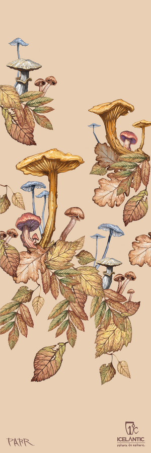 Experience the "25/26 Nia Pro 105 Fine Art Print" by Icelantic Skis, featuring an illustration of various mushrooms—yellow, blue, and brown—nestled among clusters of autumn leaves on a beige background. Ideal for fine art displays or as a giclee print on stretched canvas, this piece includes official branding and the artist's signature at the bottom.