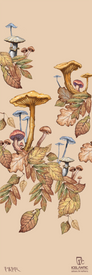 Experience the "25/26 Nia Pro 105 Fine Art Print" by Icelantic Skis, featuring an illustration of various mushrooms—yellow, blue, and brown—nestled among clusters of autumn leaves on a beige background. Ideal for fine art displays or as a giclee print on stretched canvas, this piece includes official branding and the artist's signature at the bottom.