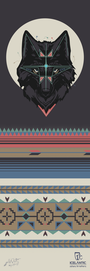 A stylized geometric wolf head featuring angular patterns and surrounded by triangles and stripes in blue, red, tan, and black. The bold design appears on the 25/26 Nomad 100 Fine Art Print by Icelantic Skis, perfect for elevating your space. Includes the text: Icelantic — Return to Nature.