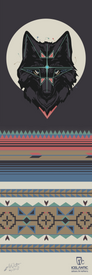 A stylized geometric wolf head featuring angular patterns and surrounded by triangles and stripes in blue, red, tan, and black. The bold design appears on the 25/26 Nomad 100 Fine Art Print by Icelantic Skis, perfect for elevating your space. Includes the text: Icelantic — Return to Nature.