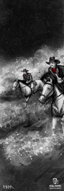 Two cowboys wearing red bandanas ride horses through a misty, starry landscape in this monochrome composition, accented by the vivid color of their bandanas and subtle logos in the bottom right corner. Titled "25/26 Nomad 106 Fine Art Print" by Icelantic Skis, this striking image captures Western drama with artistic flair and is available as a fine art print or on stretched canvas.