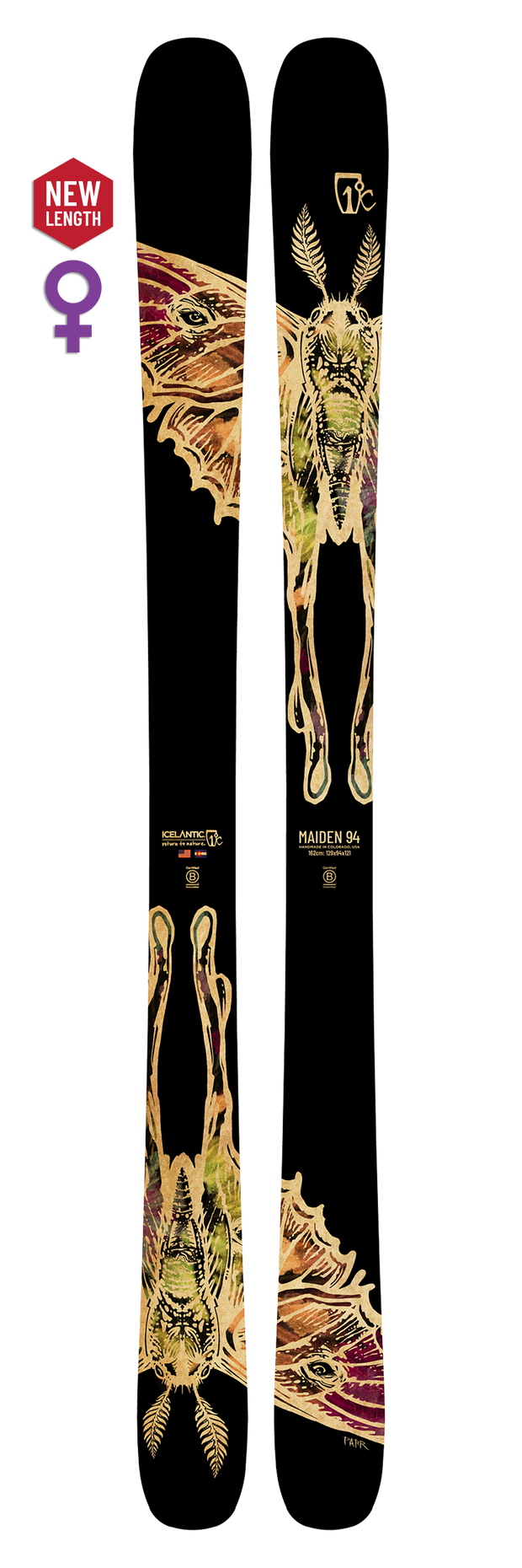 Introducing the 25/26 Maiden 94 by Icelantic—a women’s ski model handcrafted in Colorado. Featuring a striking moth and deer collage on a black background, this playful ski is designed to deliver unique performance for adventurous riders.