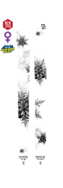 Pair of white Icelantic 25/26 Mystic 97 skis, featuring black floral and pine illustrations, shown vertically. These lightweight women's backcountry skis by Icelantic are handmade in Colorado. New Certified Auction and Gearhouse Steez badges are displayed on the top left.
