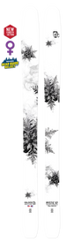 Introducing the Icelantic 25/26 Mystic 97: This pair of white skis features elegant black and gray snowflake and pine needle designs, with the Mystic 97 label at the base. Accented by GearJunkie Best in Show and New Women’s Auction badges near the top, these lightweight skis are handmade in Colorado—making them the perfect women’s backcountry option for adventurous skiers.