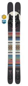 Introducing the Icelantic 25/26 Nomad 100 skis, featuring striking wolf face graphics at the tip and tail, unique geometric patterns, and a rich earthy color scheme. Built for versatility across all-mountain terrain and enhanced with carbon stringers for superior performance. Displayed alongside two award badges: “Blister Best Of” and “Editor’s Pick.”.