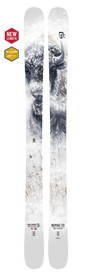 Introducing the 25/26 Nomad 112 by Icelantic—a pair of white big-mountain freeride skis handmade in Colorado. Each ski showcases an illustration of a snow-covered bison amid snowy grass, with “NOMAD 112” inscribed on the topsheet. Badges highlight a “NEW LENGTH” and “Blister Best Of,” reflecting both innovation and award-winning performance, all crafted to deliver superior quality on every run.