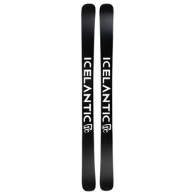 A pair of black Icelantic Skis 10th Mtn Nomad 100 skis with “ICELANTIC” printed in bold white letters down each ski, viewed from above against a white background.
